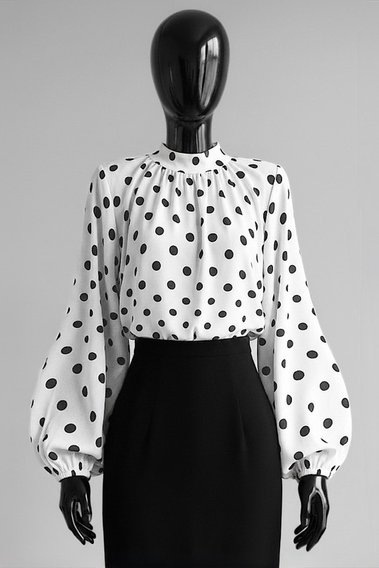 Chemisier à pois manches ballon — Blanc et noir