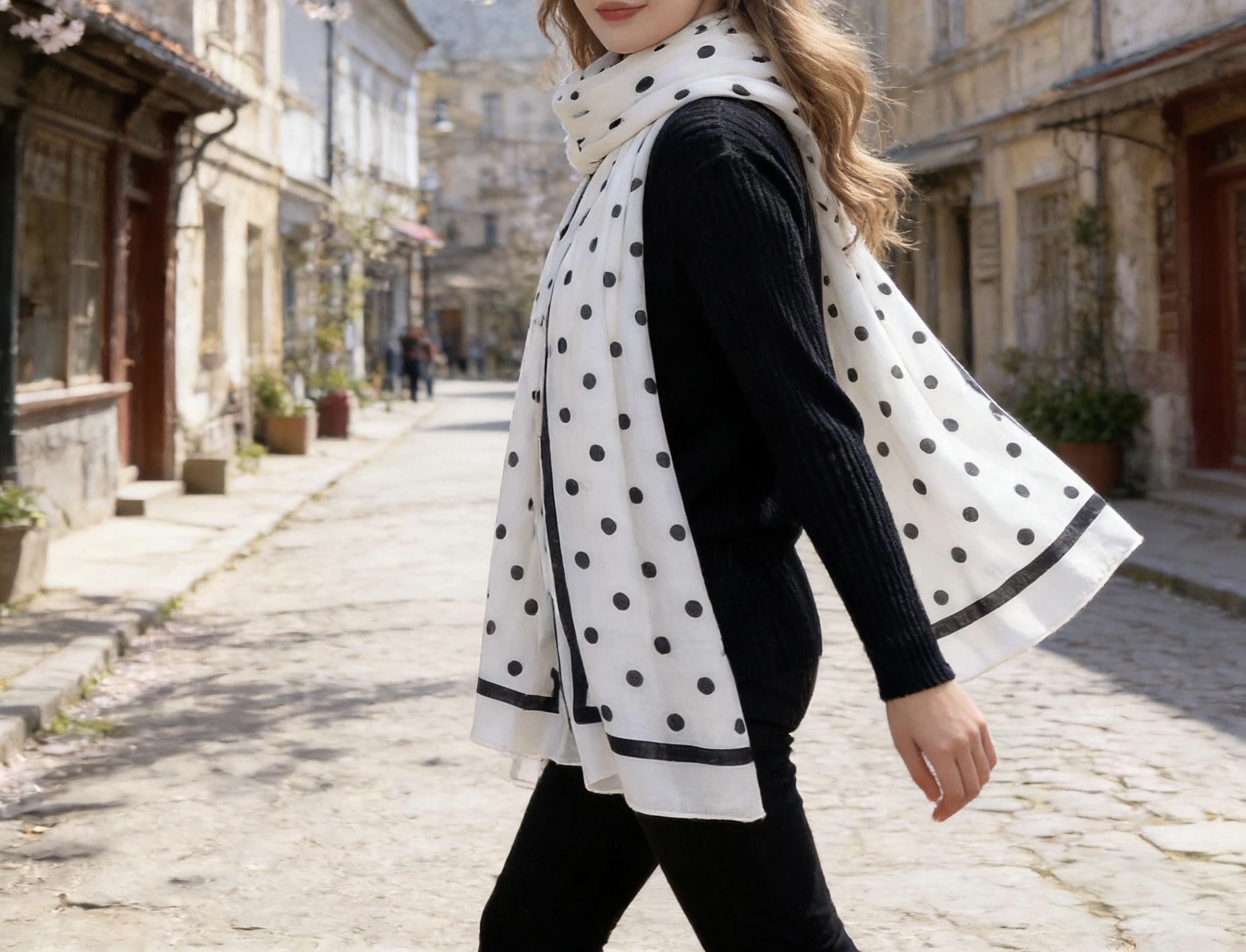 Foulard blanc à pois noirs — Blanc et noir — Vue portée en ville