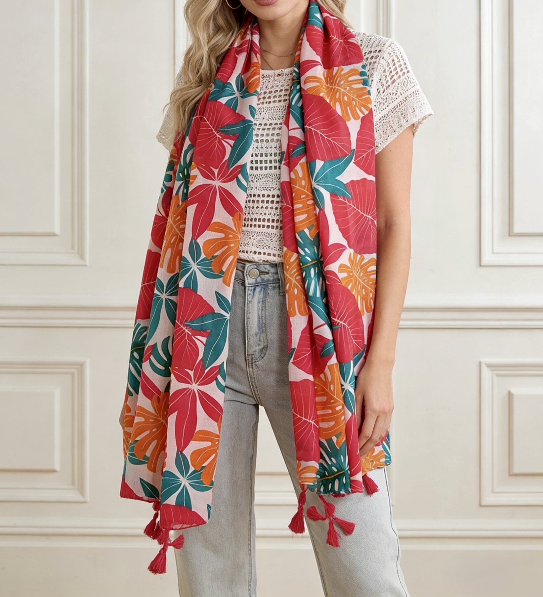 Foulard tropical orange — Orange et bleu canard — Vue portée de face