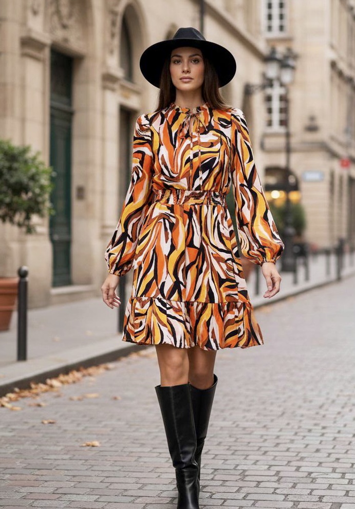 Robe jaune & orange graphique — S — Vue portée