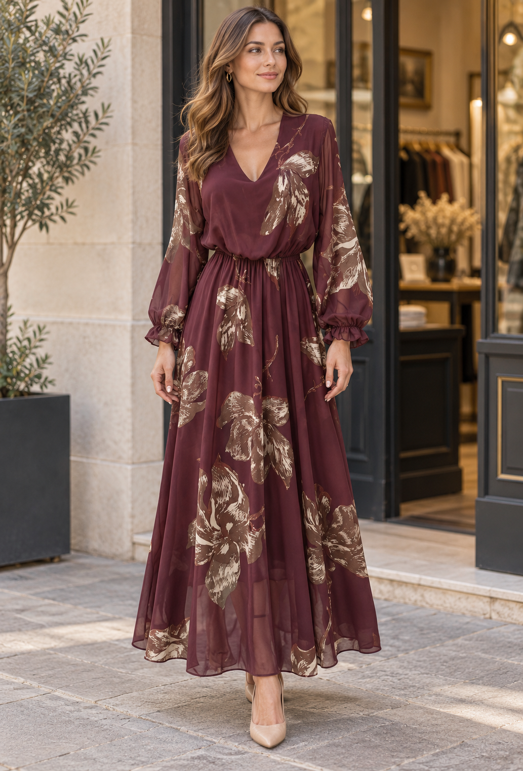 Robe longue bordeaux à grandes fleurs — Bordeaux et beige