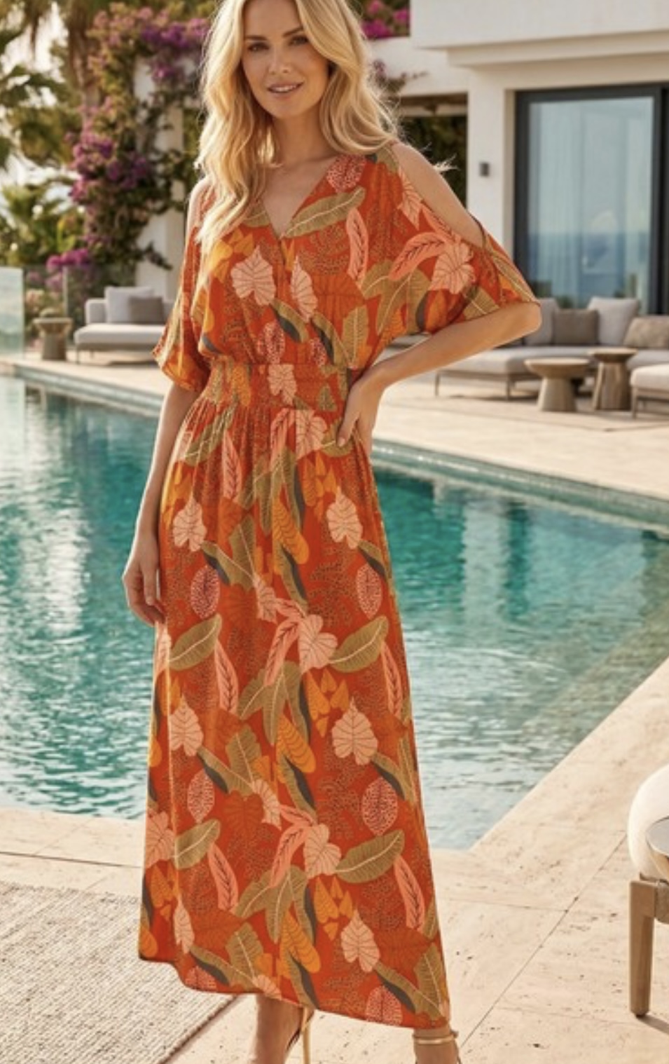 Robe longue multicolore à feuillage — M — Vue portée