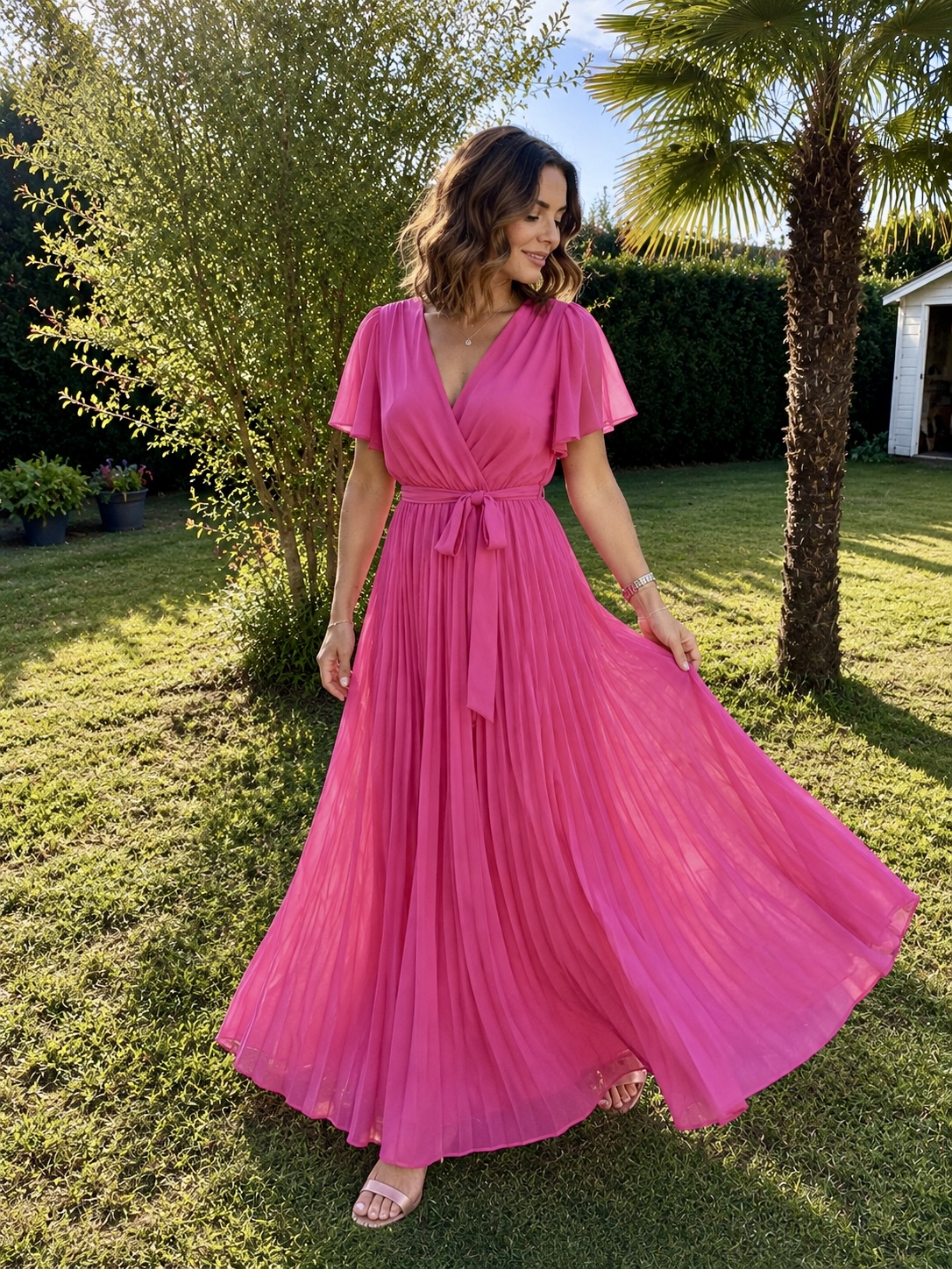 Robe longue fuchsia plissée — Fuchsia — Vue portée réelle